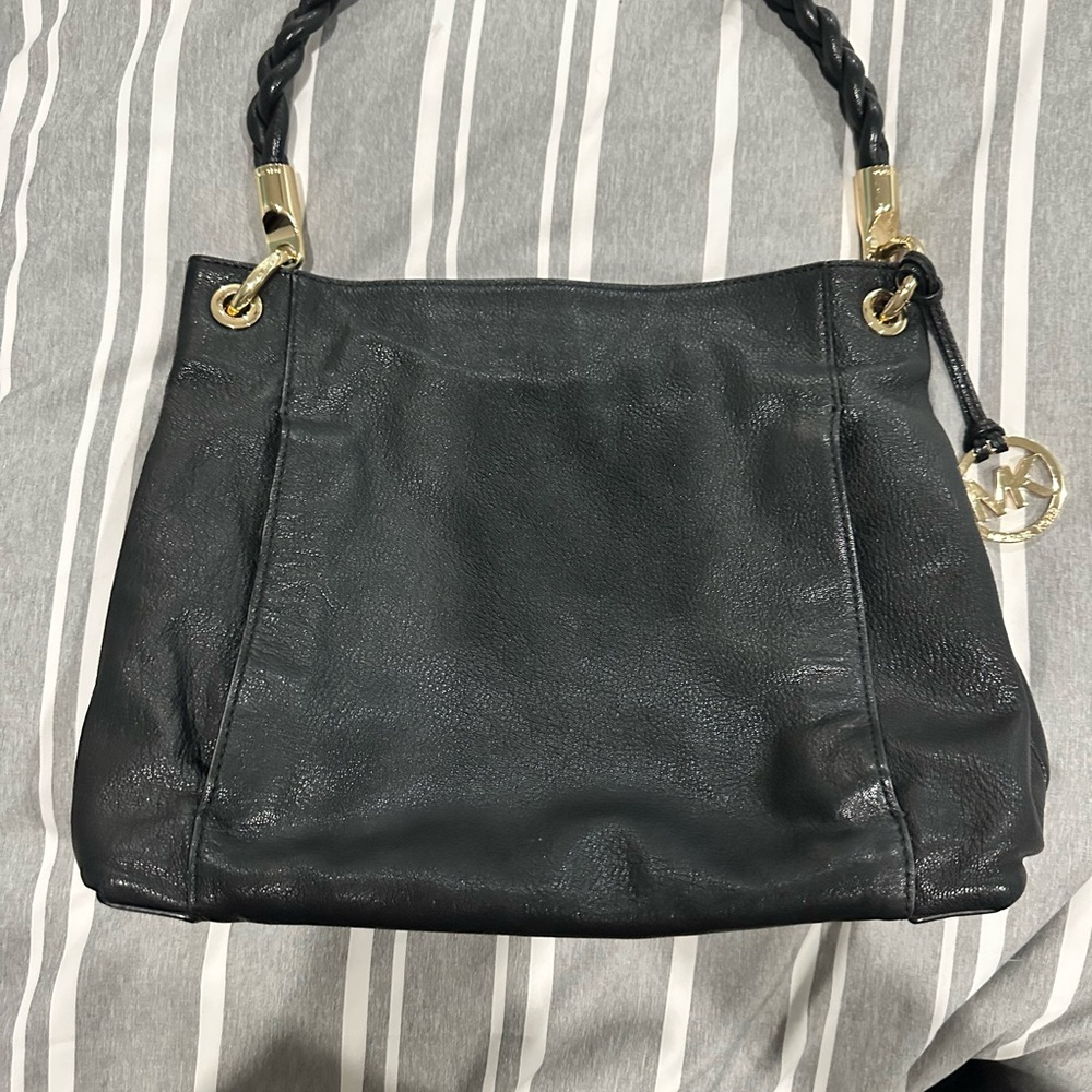 Michael Kors Black Leather Shoulder Bag with Gold Accents